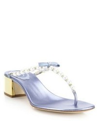 Rene Caovilla Faux Pearl Crystal Metallic Leather Thong Sandals