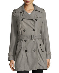 Neiman Marcus Double Breasted Leather Trenchcoat Gray