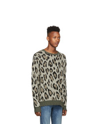 R13 Green And Beige Leopard Camo Crewneck Sweater