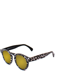 Illesteva Leonard Round Leopard Pattern Sunglasses With Mirror Lens Blackwhite