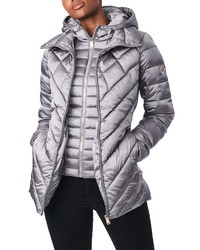 Bernardo Asymmetrical Channel Quilted Jacket With Hooded Bib Inset