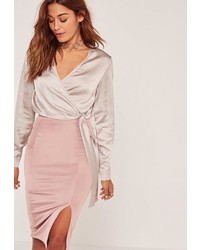 Missguided Grey Long Sleeve Satin Wrap Front Cropped Blouse