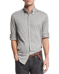 Brunello Cucinelli Long Sleeve Stretch Knit Shirt Gray