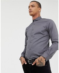 Twisted Tailor Skinny Fit Shirt In Charcoal With Curved Collar