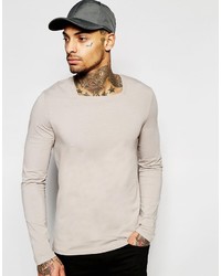 Asos Brand Muscle Long Sleeve T Shirt With Square Neck In Gray