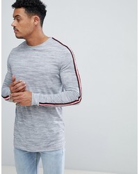 ASOS DESIGN Asos Longline Long Sleeve T Shirt With Sleeve Taping In Grey Interest Fabric