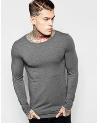 Asos Brand Extreme Muscle Long Sleeve T Shirt With Boat Neck In Charcoal