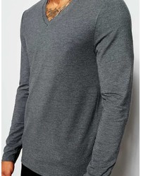 Asos Brand Muscle Long Sleeve T Shirt With V Neck In Charcoal