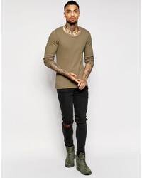 Asos Brand Rib Extreme Muscle Long Sleeve T Shirt In Gray