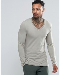 Asos Extreme Muscle Long Sleeve T Shirt With V Neck In Gray