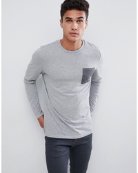 ASOS DESIGN Long Sleeve T Shirt With Contrast Pocket In Grey Marl Marl