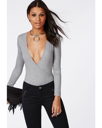 Missguided Long Sleeve Wrap Over Plunge Bodysuit Grey