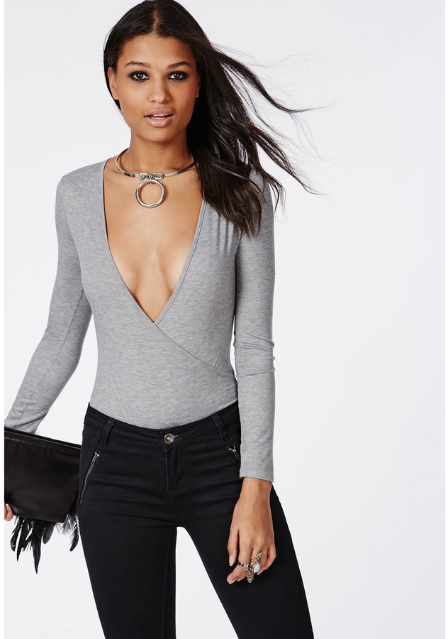 Franky - Grey Slinky Long Sleeve Wrap Front Bodysuit