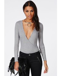 Missguided Long Sleeve Wrap Over Plunge Bodysuit Grey