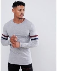 ASOS DESIGN Muscle Fit Longline Long Sleeve T Shirt With Contrast Sleeve Stripe In Grey Marl Marl