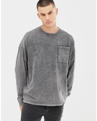 ASOS DESIGN Oversized Longline Long Sleeve T Shirt With Pocket In Extreme Acid Wash In Grey