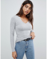 ASOS DESIGN Ultimate Top With Long Sleeve And V Neck In Grey Marl