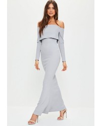 Missguided Grey Crepe Long Sleeve Bardot Maxi Dress