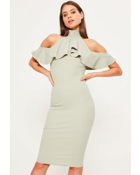 Missguided Green High Neck Frill Cold Shoulder Midi Dress