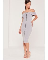 Missguided Zip Front Frill Bardot Midi Dress Grey