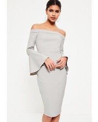 Missguided Grey Bardot Frill Sleeve Tailored Midi Dress