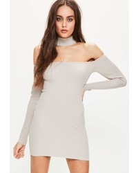 Missguided Grey Choker Ribbed Bardot Mini Sweater Dress