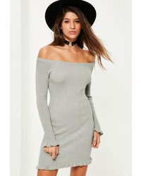 Missguided Grey Frill Hem Bardot Mini Sweater Dress