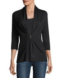Neiman Marcus Cashmere Collection 34 Sleeve Crystal Buckle Cashmere Cardigan