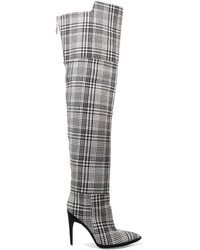 Off-White Tartan Textured Knit Over The Knee Boots Gray