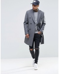 Asos Brand Wool Mix Double Breasted Overcoat In Light Gray Marl