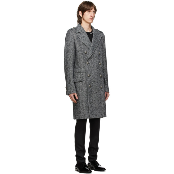 Balmain Grey And Black Herringbone Double Breasted Coat, $1,750 ...