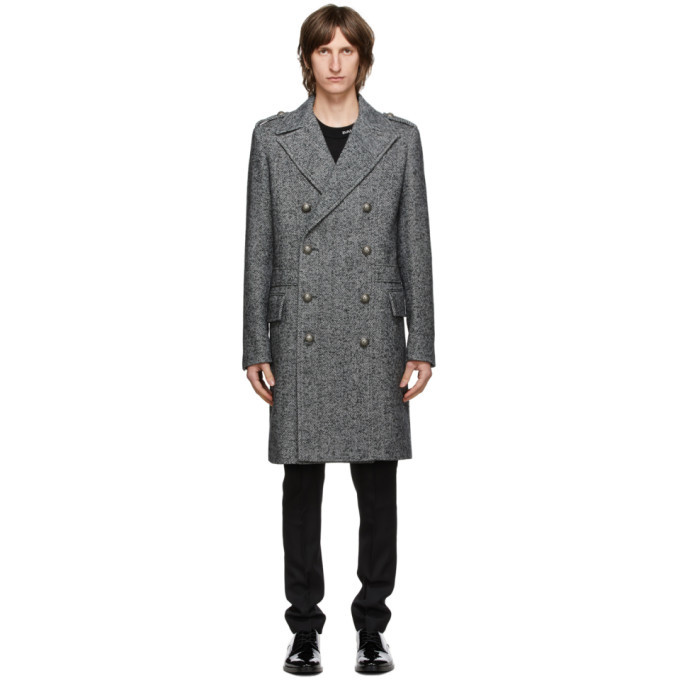Balmain Grey And Black Herringbone Double Breasted Coat, $1,750 ...