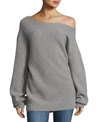 Theory One Shoulder Ribbed Royal Wool Sweater Gray