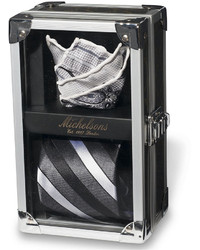 Excalibur Michelsons Of London Black And Grey Stripe Tie Pocket Square Set