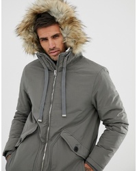 Pull&Bear Borg Lined Parka In Grey With Faux Hood