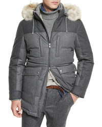 Brunello Cucinelli Mixed Media Quilted Parka Wfur Trim Hood Lead