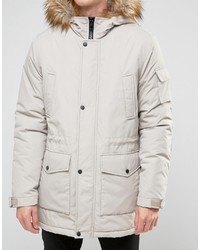 Asos Parka Jacket With Faux Fur Trim In Stone