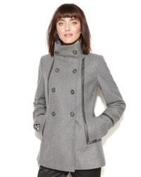 Calvin Klein Double Breasted Faux Leather Trim Pea Coat