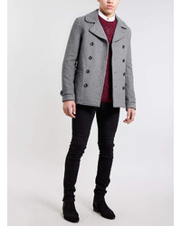 Topman Grey Wool Blend Skinny Pea Coat