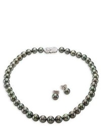 Mikimoto Ginza Diamond 9mm Black South Sea Pearl Stud Earrings Necklace Set