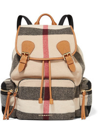 Burberry Medium Leather Trimmed Checked Felt Backpack Beige