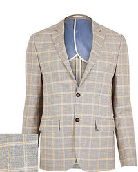 River Island Grey Check Linen Blend Smart Suit Jacket