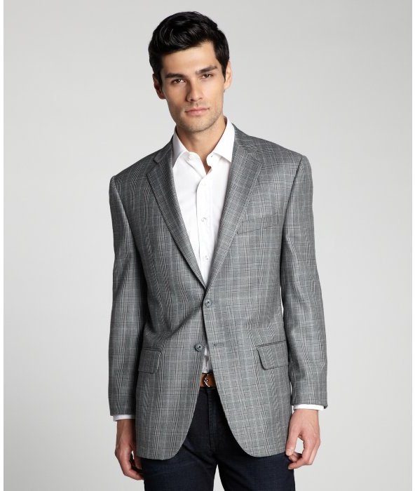 Joseph Abboud Grey Houndstooth Plaid Wool Silk Two Button Jacket ...