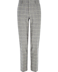 River Island Grey Check Linen Blend Slim Suit Pants