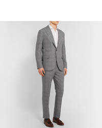 Brunello Cucinelli Grey Slim Fit Prince Of Wales Checked Wool Linen And Silk Blend Trousers