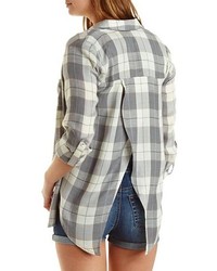 Charlotte Russe Flyaway Plaid Button Up Tunic Top