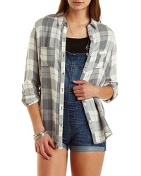 Charlotte Russe Flyaway Plaid Button Up Tunic Top