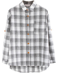 Choies One Pocket Shirt In Light Gray Plaid Check