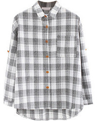 Choies One Pocket Shirt In Light Gray Plaid Check