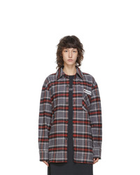 Acne Studios Grey And Red Flannel Logo Patch Shirt
